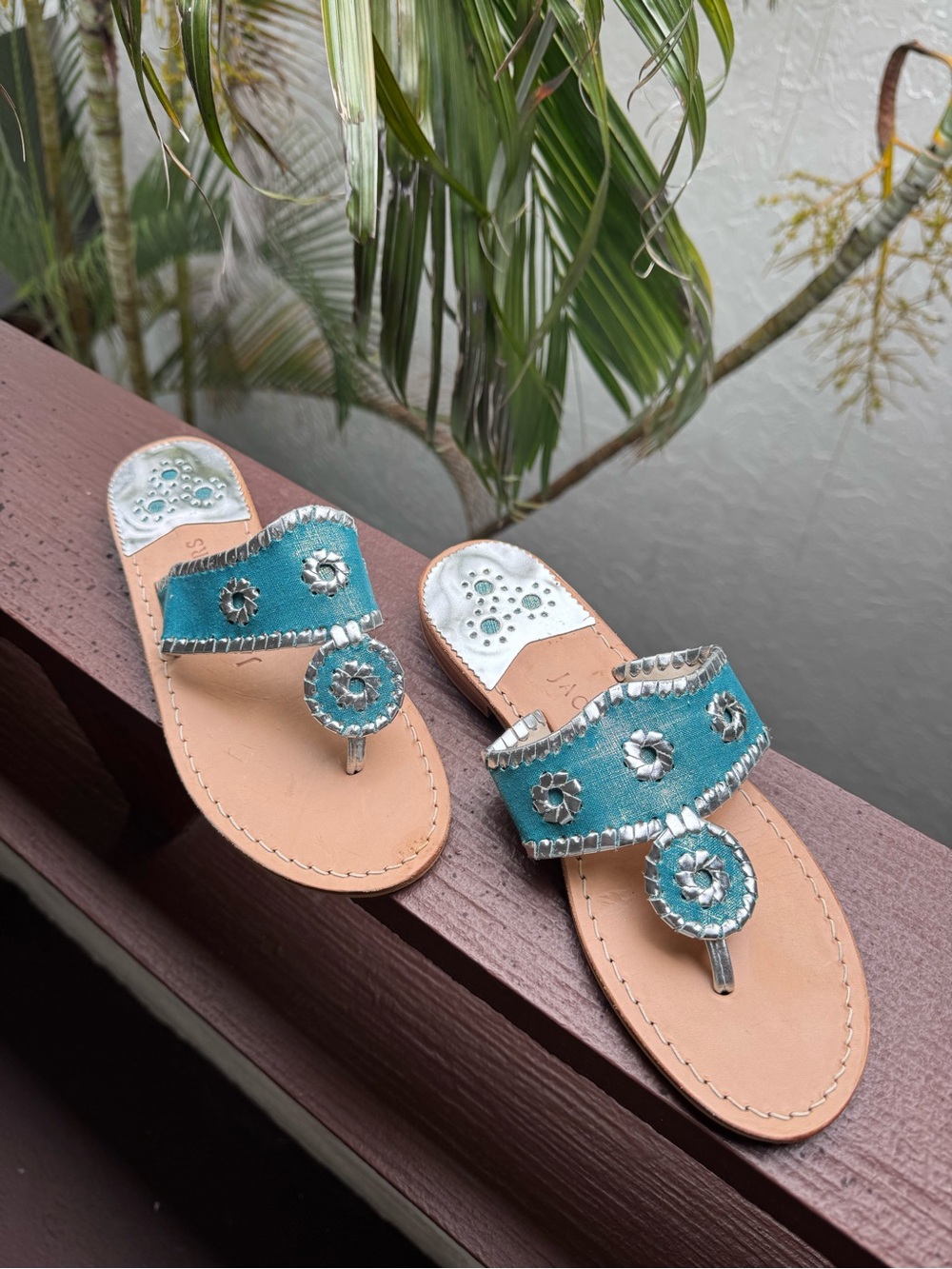 Jack Rogers Turquoise Leather Thong Sandals with Silver Accents